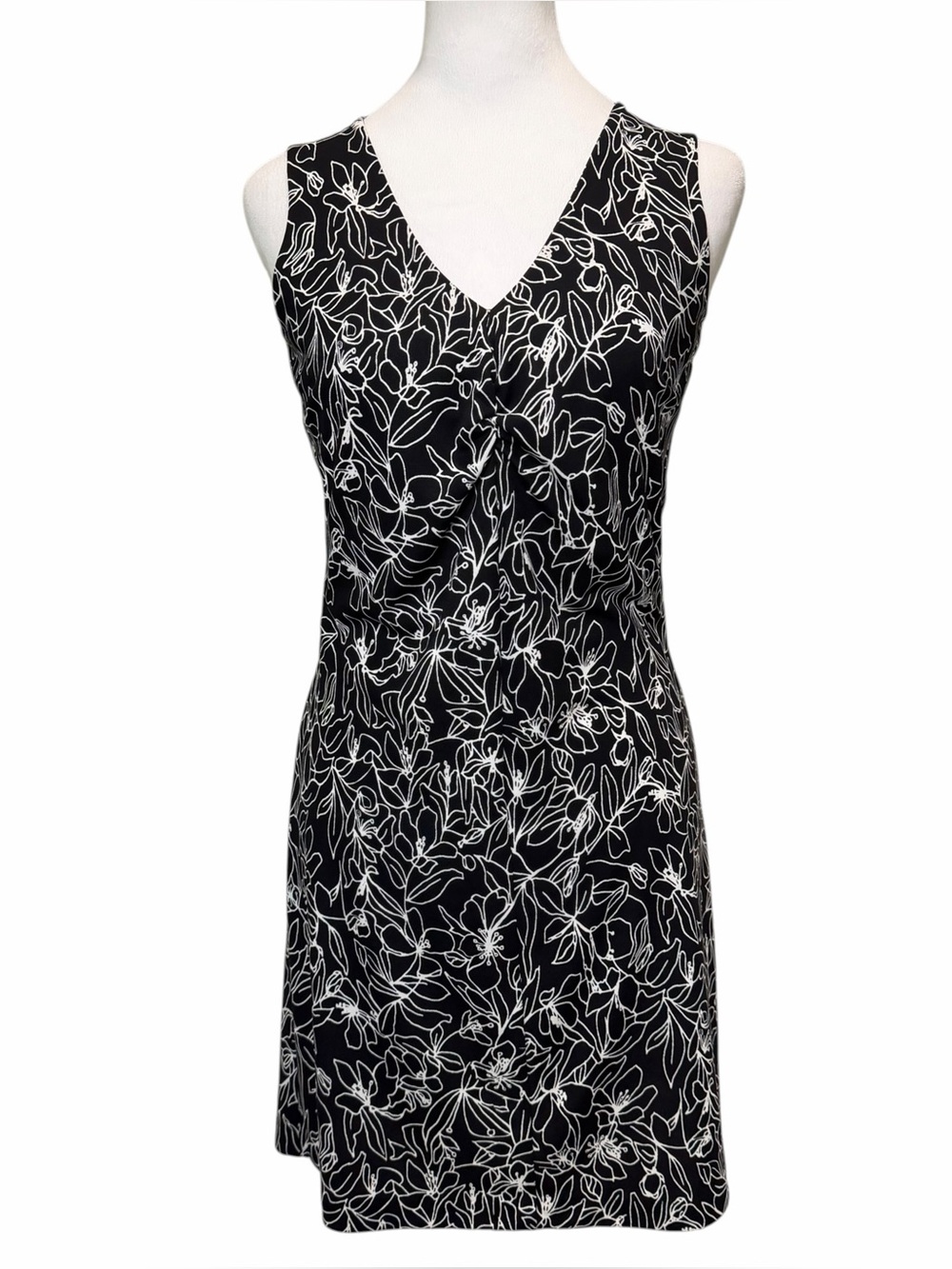 Indeed Womens XS Black White Floral Knit V Neck Sleeveless Sheath Dress Ruched